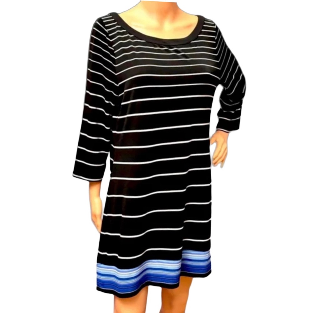 WHBM Long Sleeve Black White & Blue Striped Preppy Soft Stretch Shirt Dress Sz L
